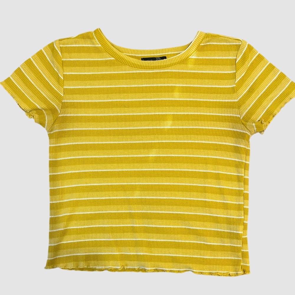 yellow striped t shirt with a waffle texture and ruffled edges